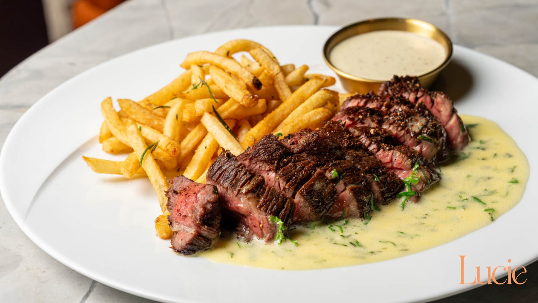 Steak frites with béarnaise at Restaurant Lucie